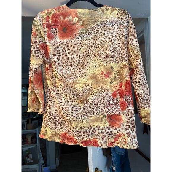 Y2K Floral & Cheetah Print Lace Top Asymmetric Hem  3/4 Sleeve Vintage - Picture 6 of 8